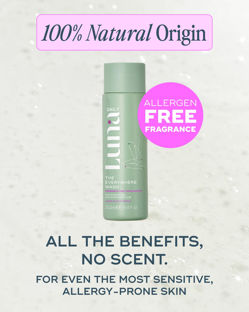Luna Daily fragrance-free wash packaging with dermatologist note for trusted safety