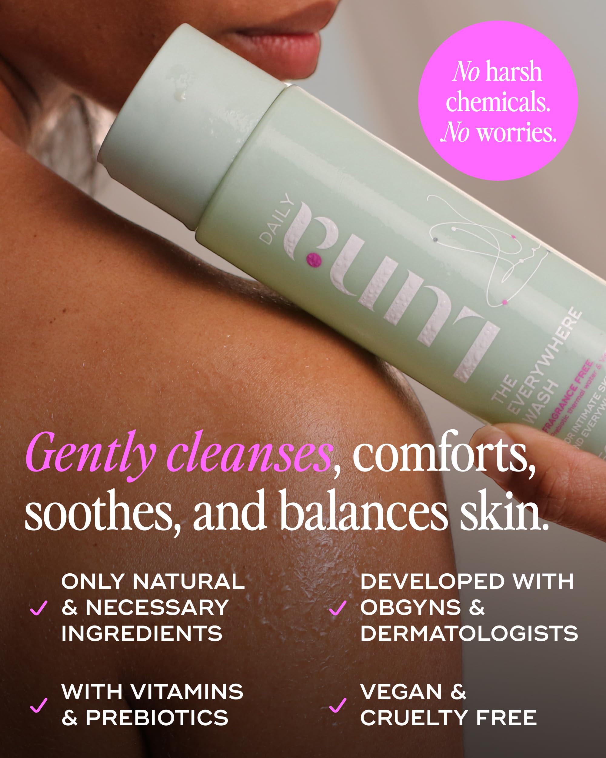 Luna Daily fragrance-free wash ingredients close-up featuring prebiotic lactic acid and vitamins