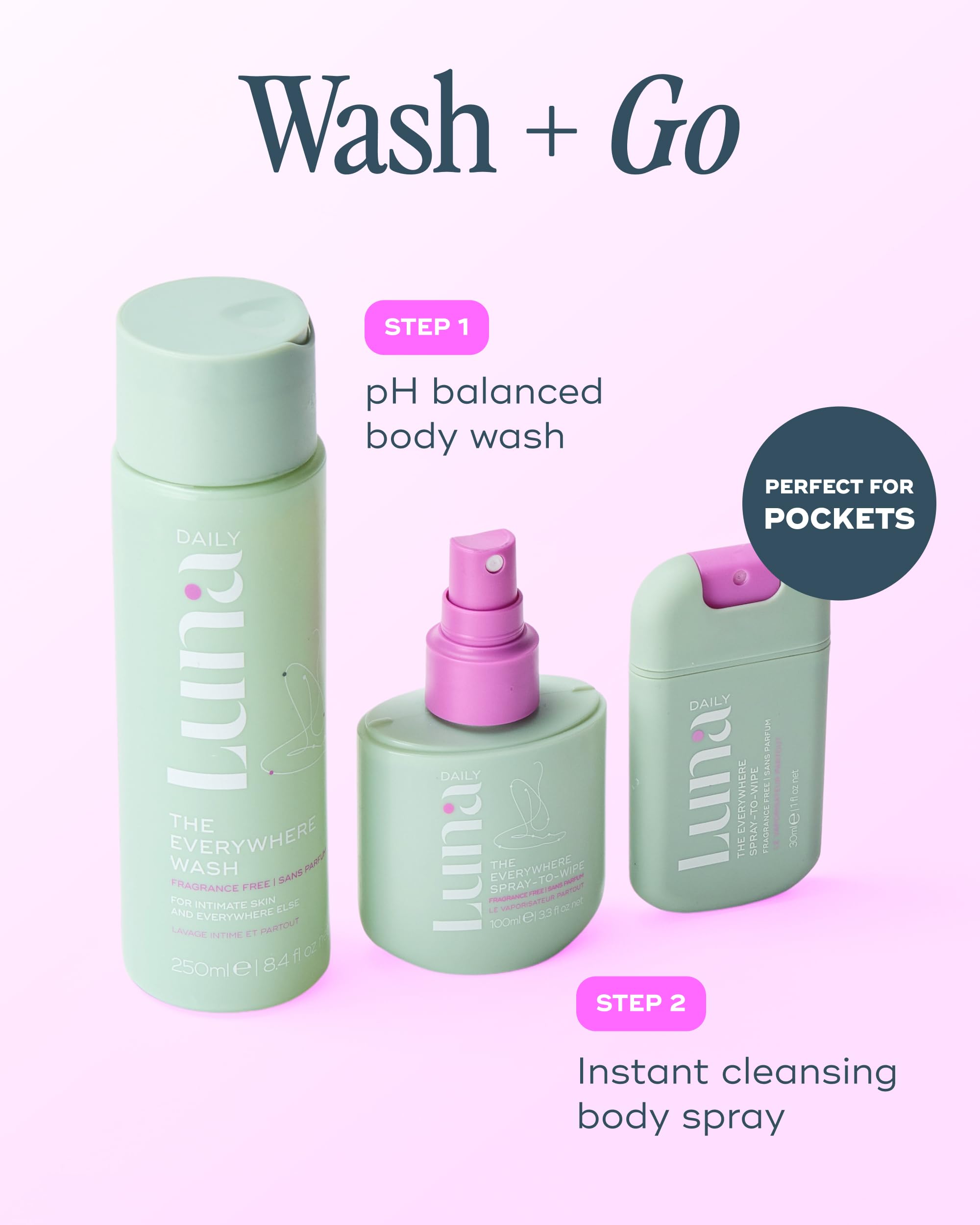 Luna Daily fragrance-free wash label close-up emphasizing soap-free, skin-friendly formula