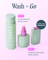 Luna Daily fragrance-free wash label close-up emphasizing soap-free, skin-friendly formula