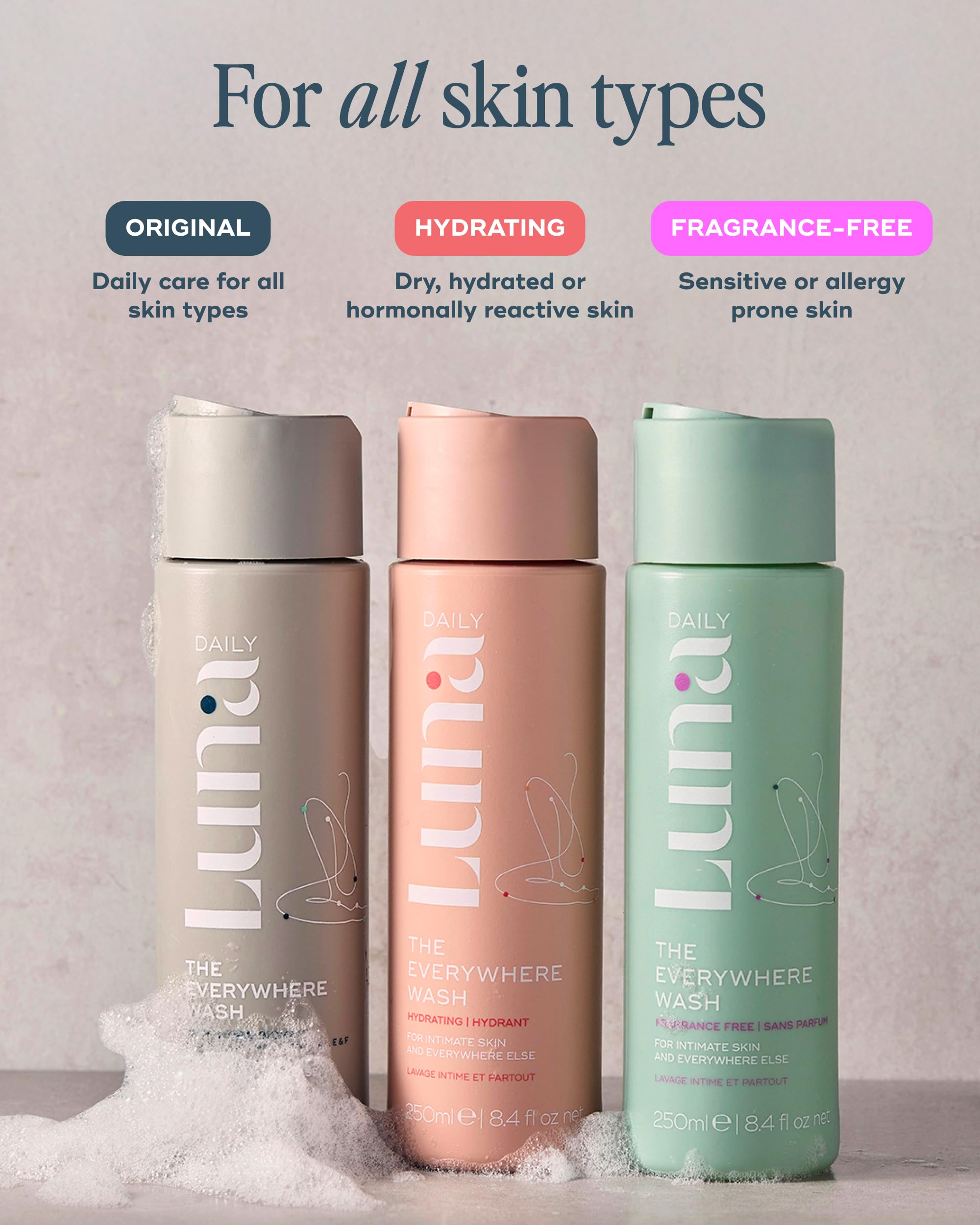 Luna Daily fragrance-free wash packaging box in travel size for on-the-go cleansing