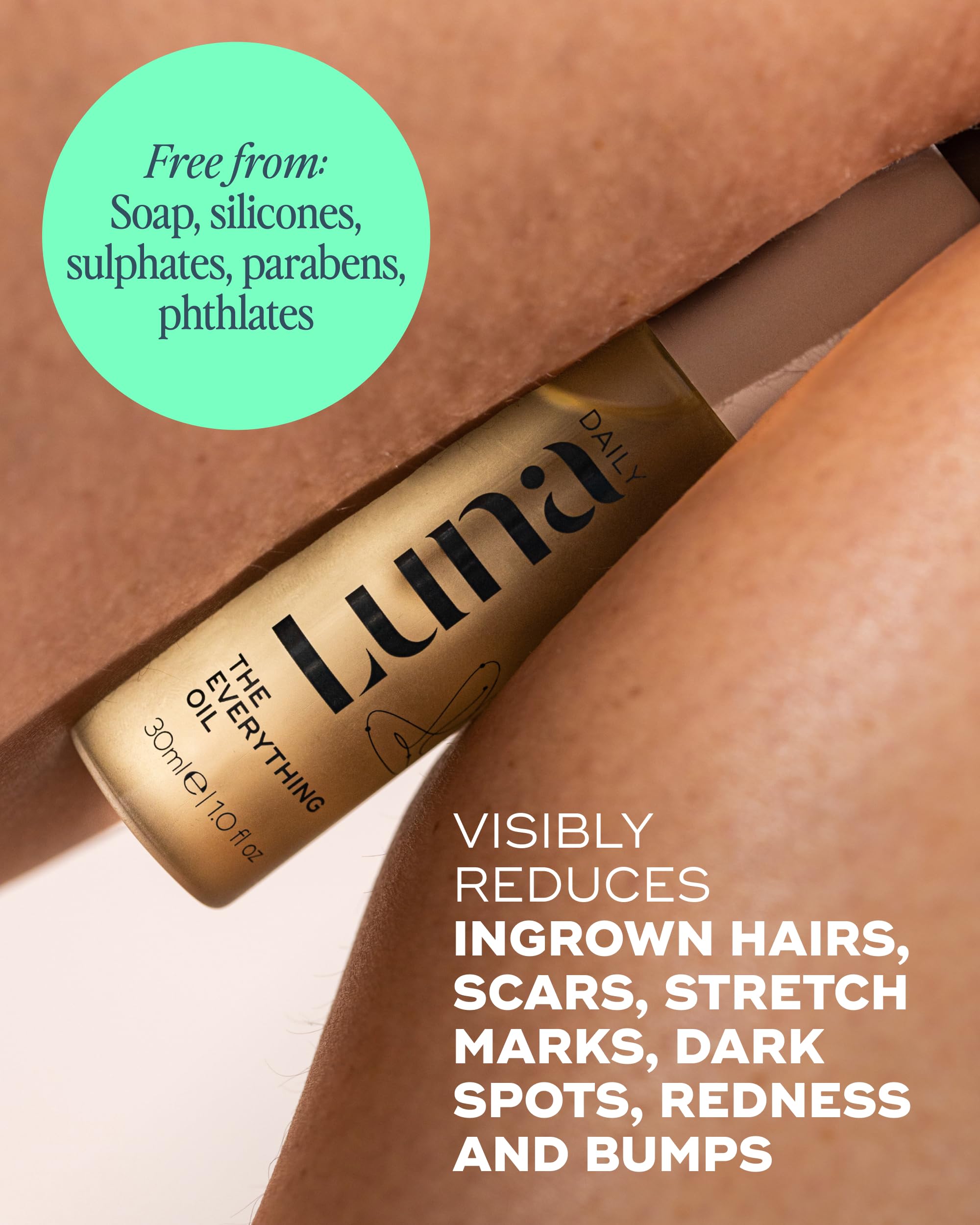 Luna Daily Mini Ingrown Hair Oil bottle with rosehip oil illustration on label