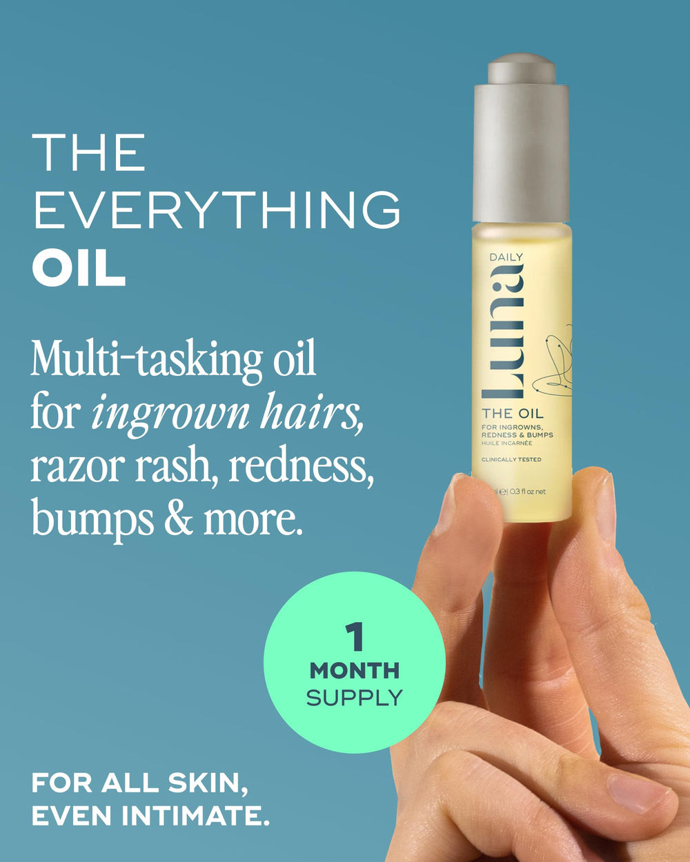 Luna Daily Mini Ingrown Hair Oil travel packaging shown for on-the-go care