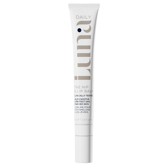 Luna Daily Nursing Balm packaging highlights fragrance-free vegan formula for mom and baby.