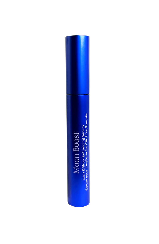 Luna Nectar Moon Boost serum bottle on a clean vanity for vegan lash care