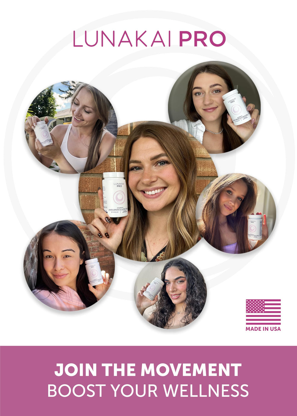 Lunakai Pro biotin collagen highlights key nutrients for hair, nails, and skin.