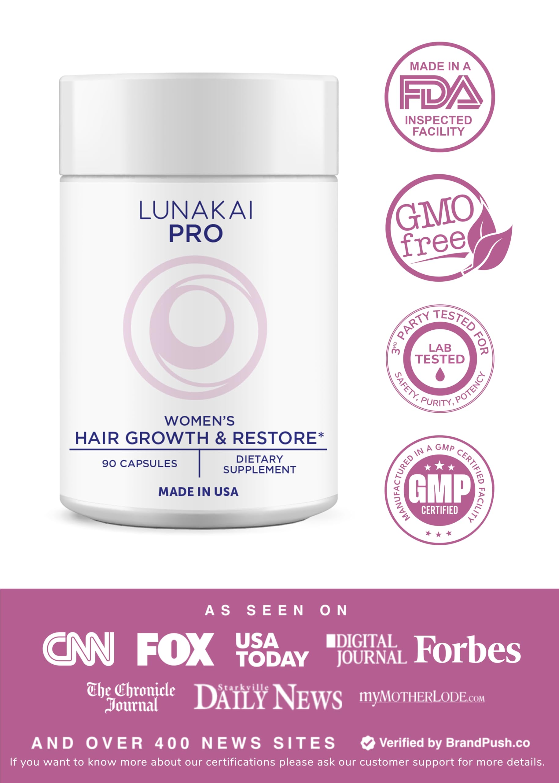 Close-up of Lunakai Pro bottle highlighting USA-made formula for root health.