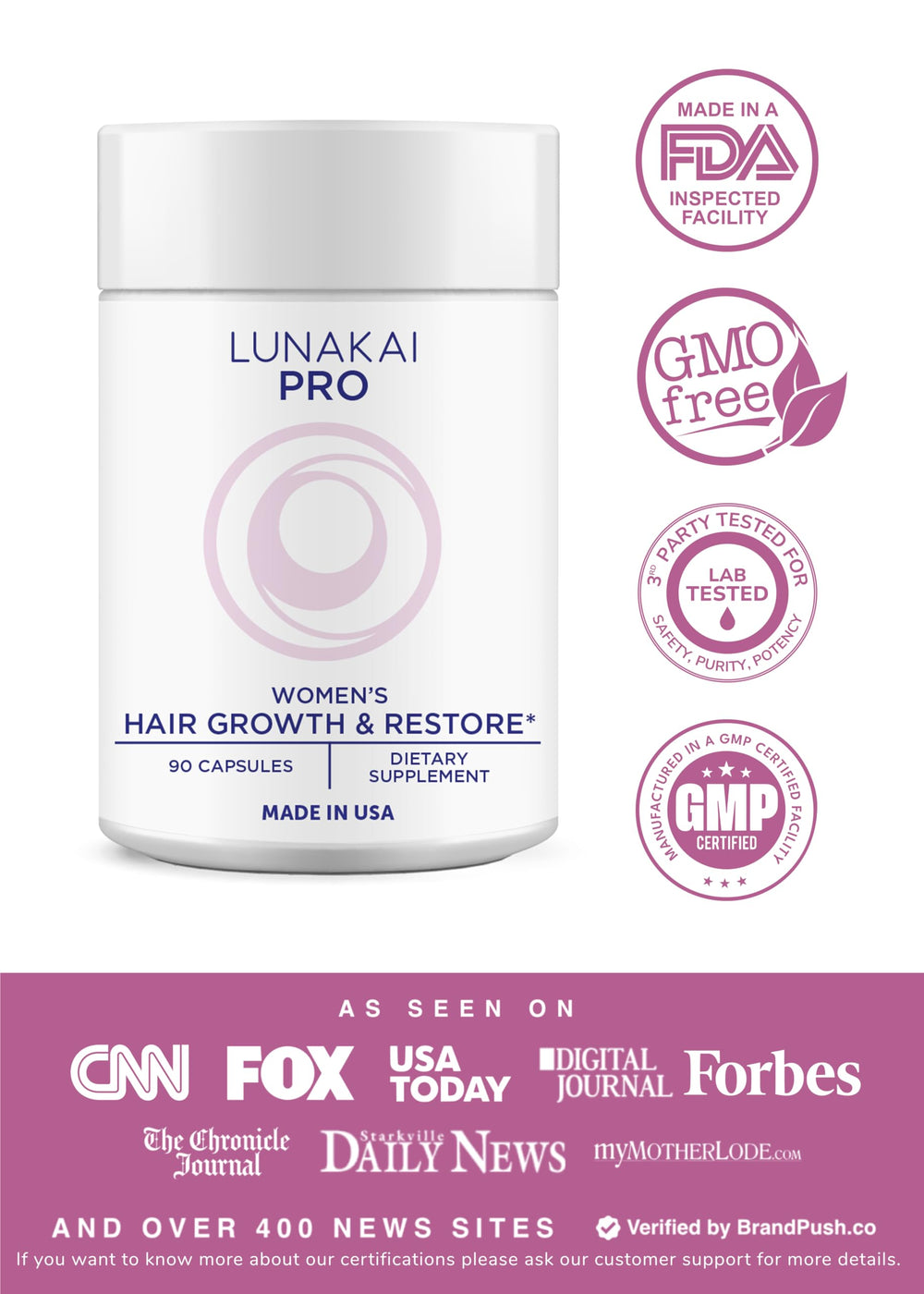 Close-up of Lunakai Pro bottle highlighting USA-made formula for root health.