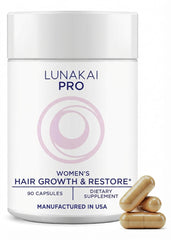 Lunakai Pro hair growth bottle shows the daily supplement for fuller-looking hair.