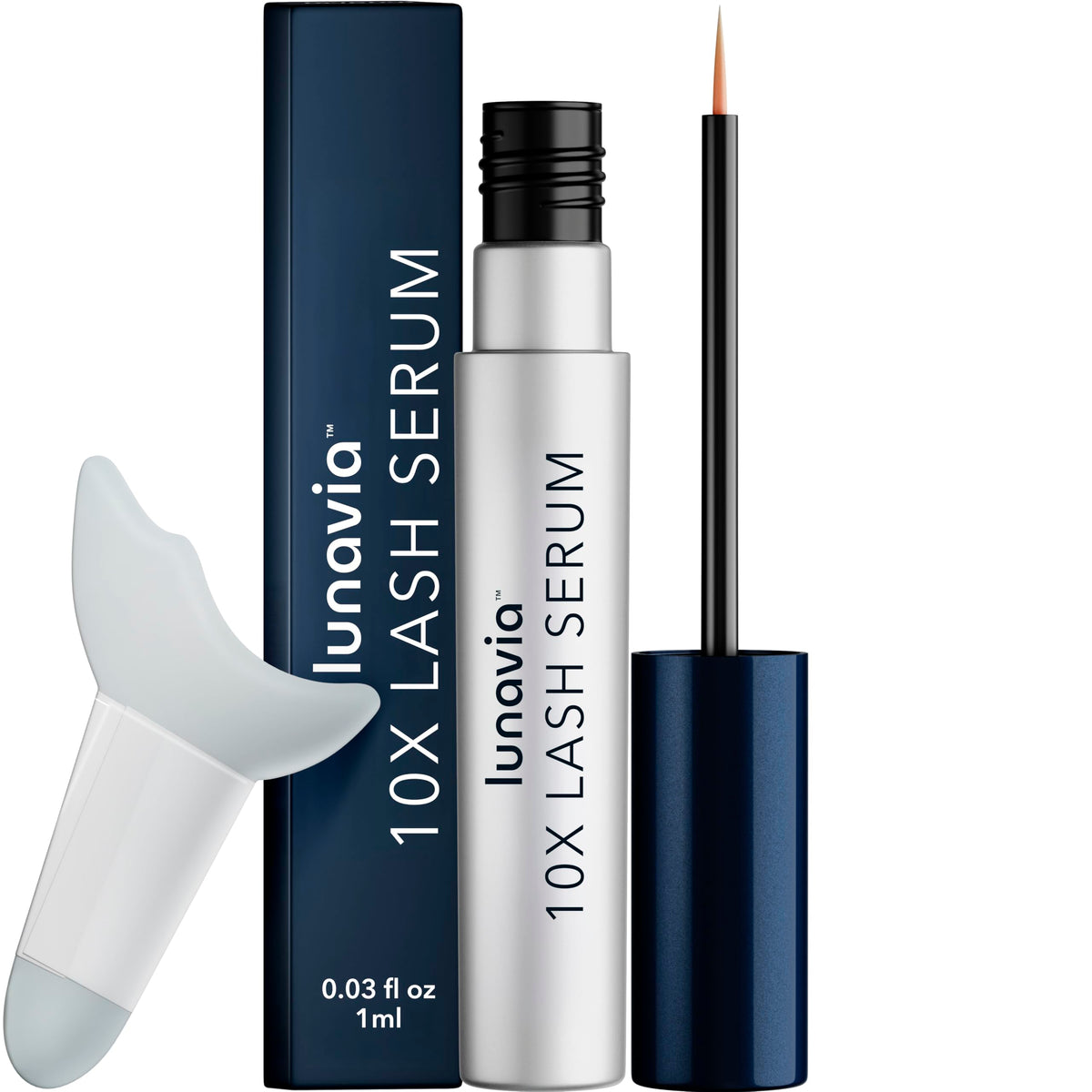 Lunavia 10X Lash Serum bottle closeup showing premium packaging for daily eye care