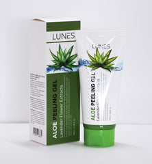 LUNES Aloe Peeling Gel bottle offers gentle exfoliation with aloe and lavender notes.