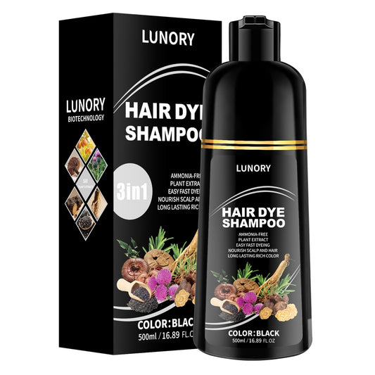 Lunory Black Hair Dye Shampoo delivers full gray coverage for a natural look.