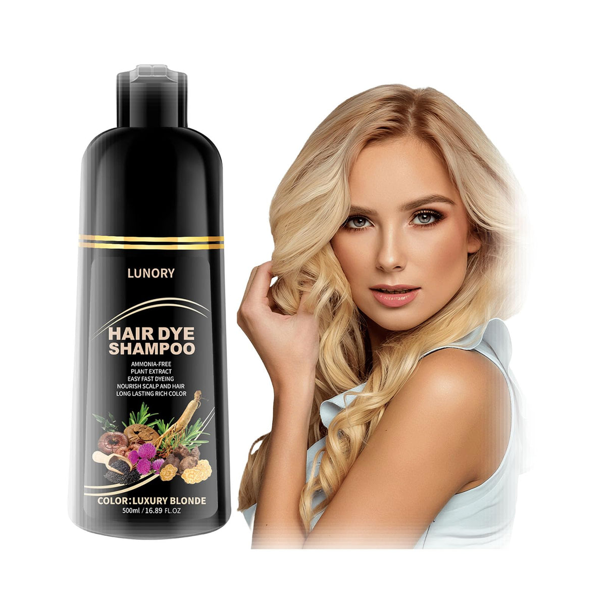 Lunory Light Blonde Hair Dye Shampoo bottle for at-home gray coverage.