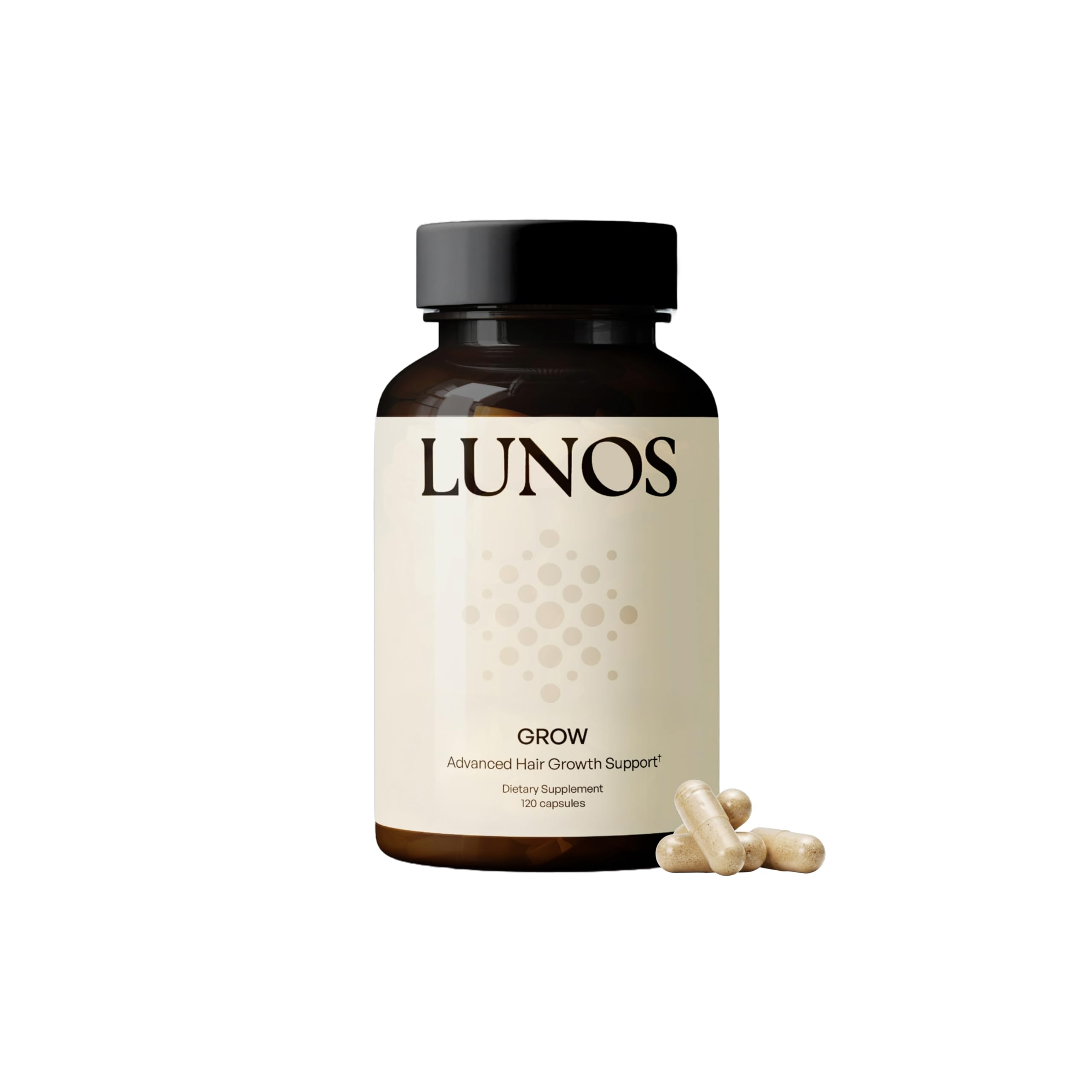 Lunos Grow Hair bottle closeup, ideal for a daily hair routine.
