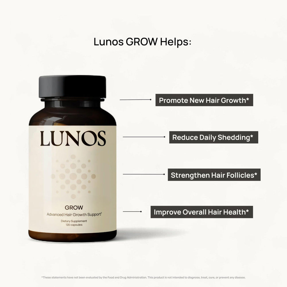 Lunos Grow Hair ingredients laid out to emphasize biotin and marine collagen benefits.