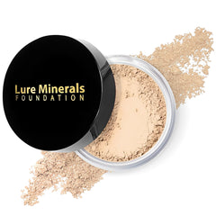 Lure Minerals foundation 8g sifter jar closeup showing natural mineral coverage.