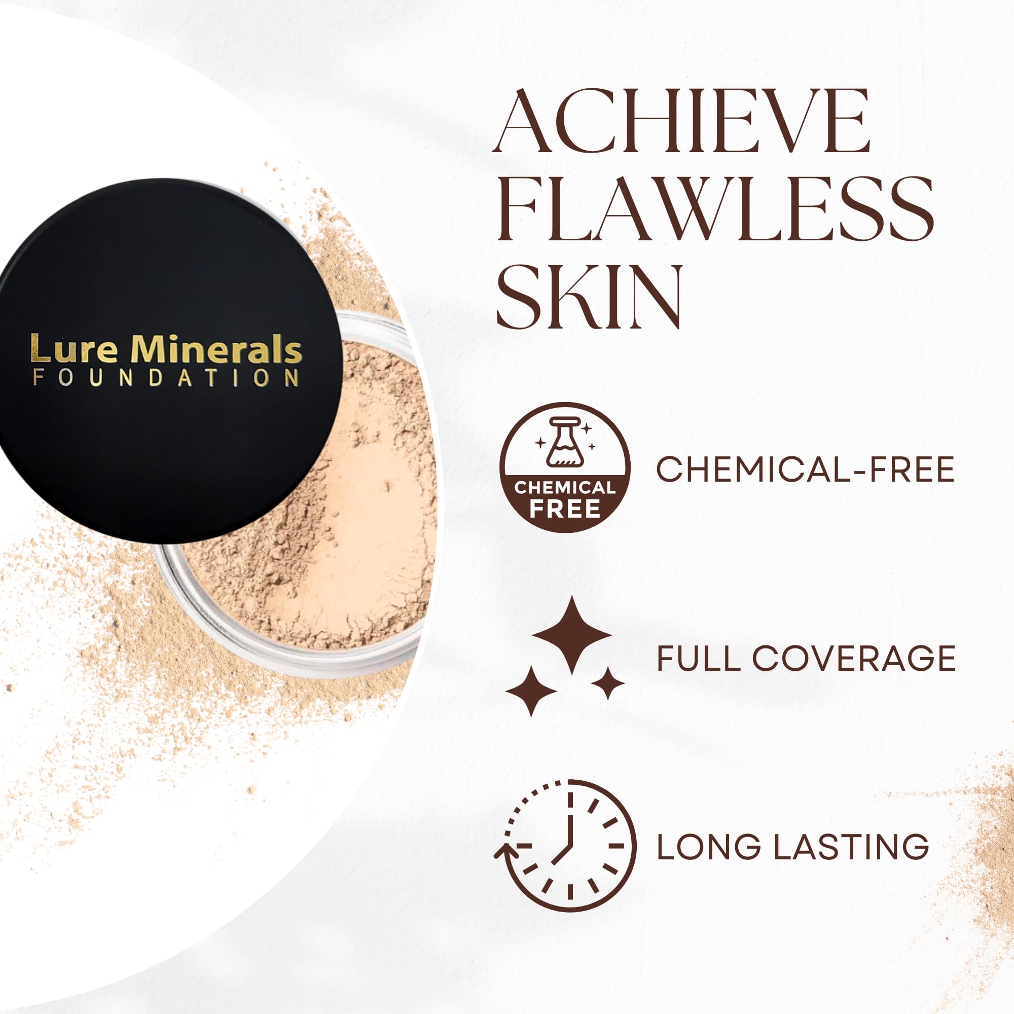 Lure Minerals foundation texture reveals light-reflecting minerals for a radiant look.