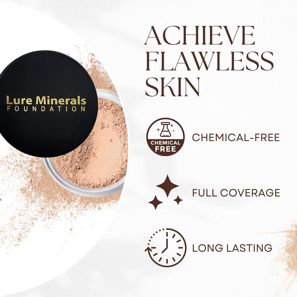 Lure Minerals foundation matte finish on skin suggests long-lasting, natural look.