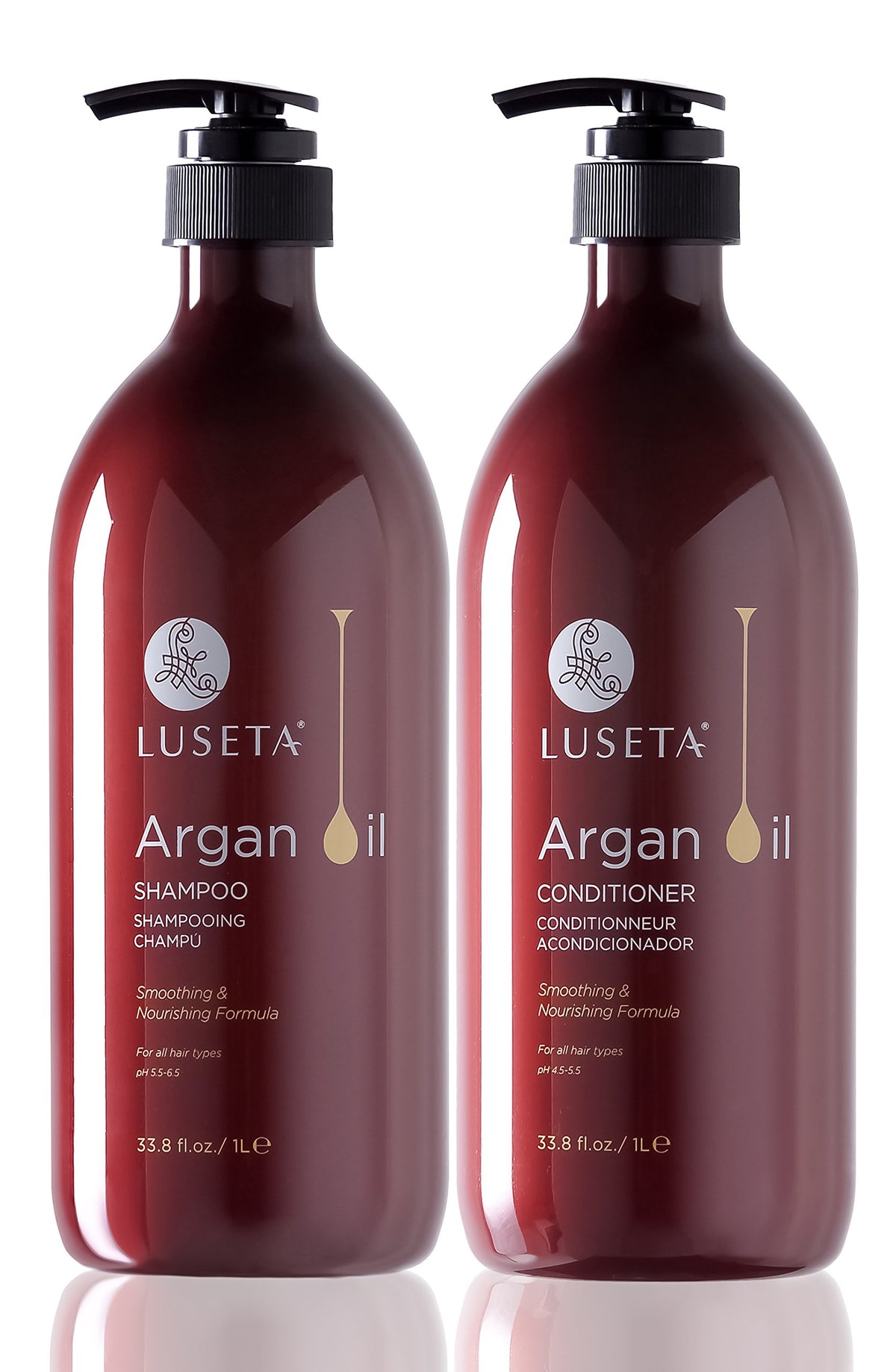 Luseta Argan Oil Moisture Shampoo bottle front highlights hydration for dry hair.