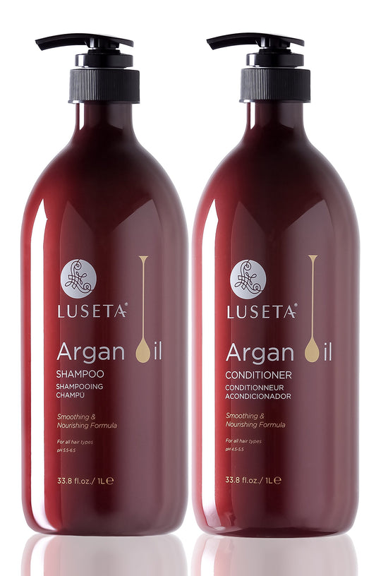 Luseta Argan Oil Moisture Shampoo bottle front highlights hydration for dry hair.
