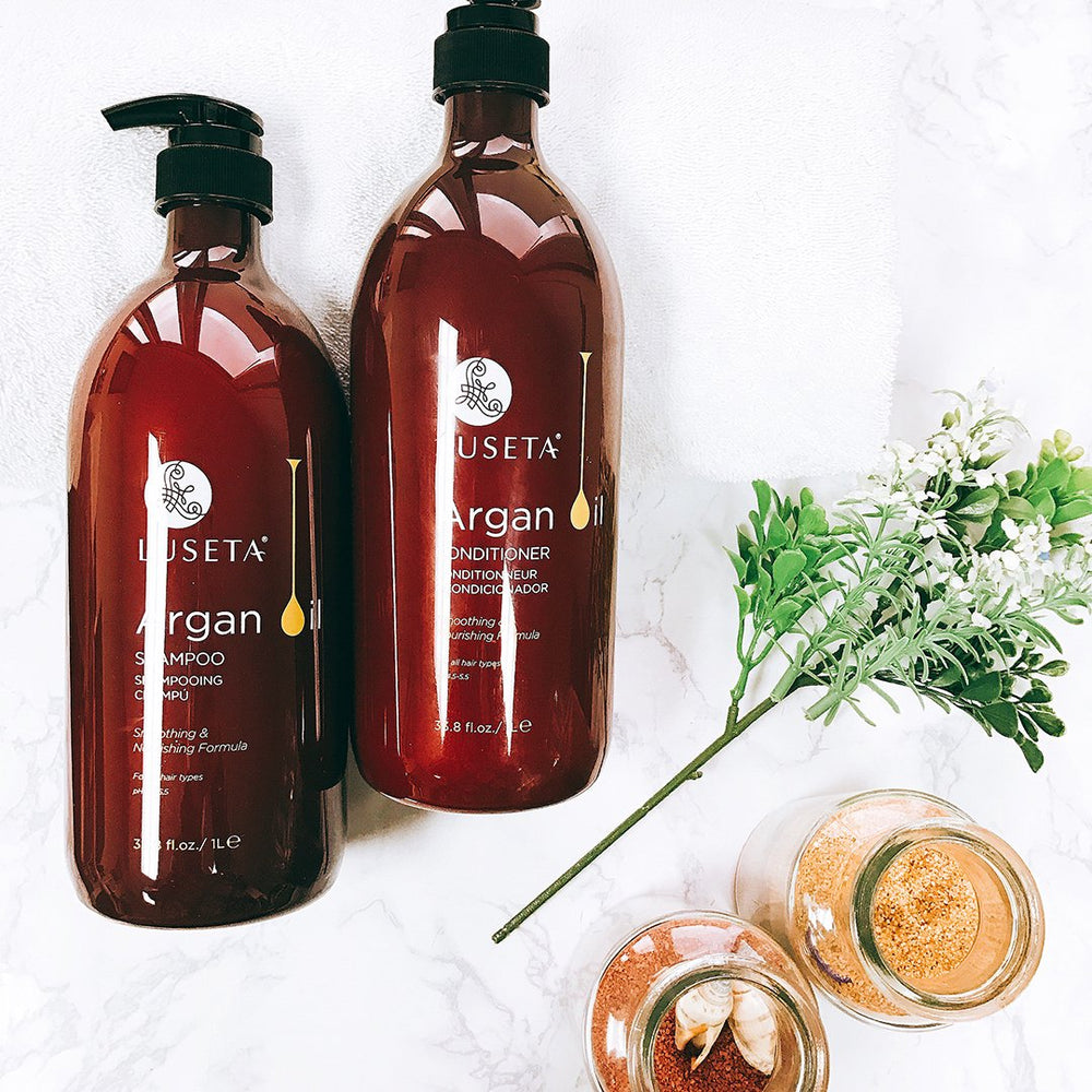 Luseta Argan Oil Moisture Shampoo label detail emphasizes nourishing ingredients.