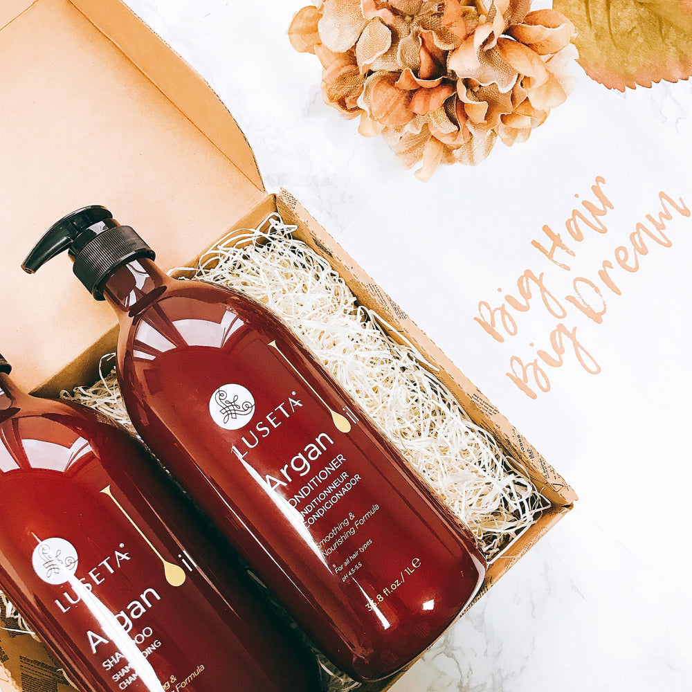 Luseta Argan Oil Repair Conditioner label detail highlights repair benefits.
