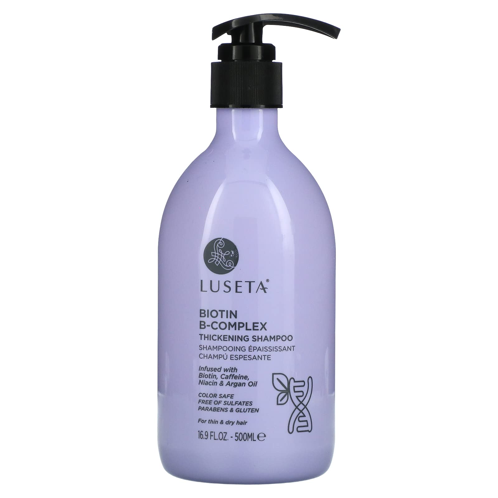 L Luseta Biotin B-Complex Thickening Shampoo bottle promotes voluminous, nourished hair