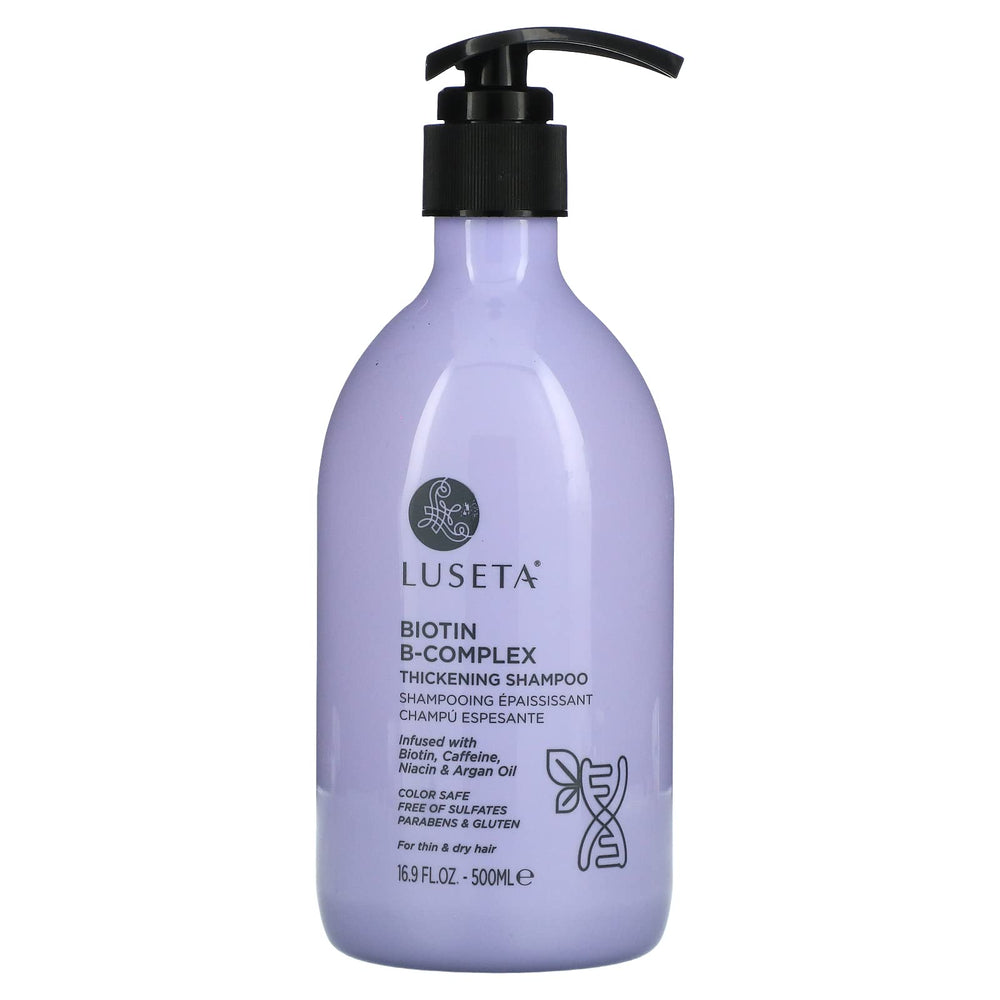 L Luseta Biotin B-Complex Thickening Shampoo bottle promotes voluminous, nourished hair