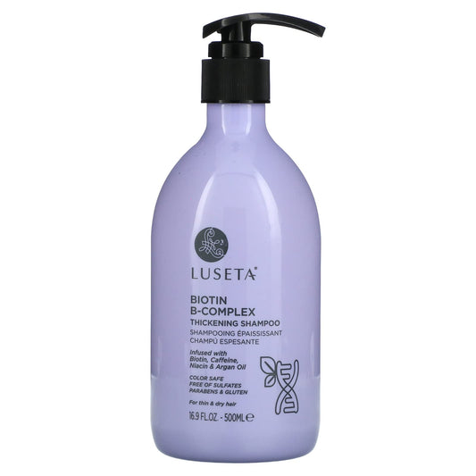 L Luseta Biotin B-Complex Thickening Shampoo bottle promotes voluminous, nourished hair