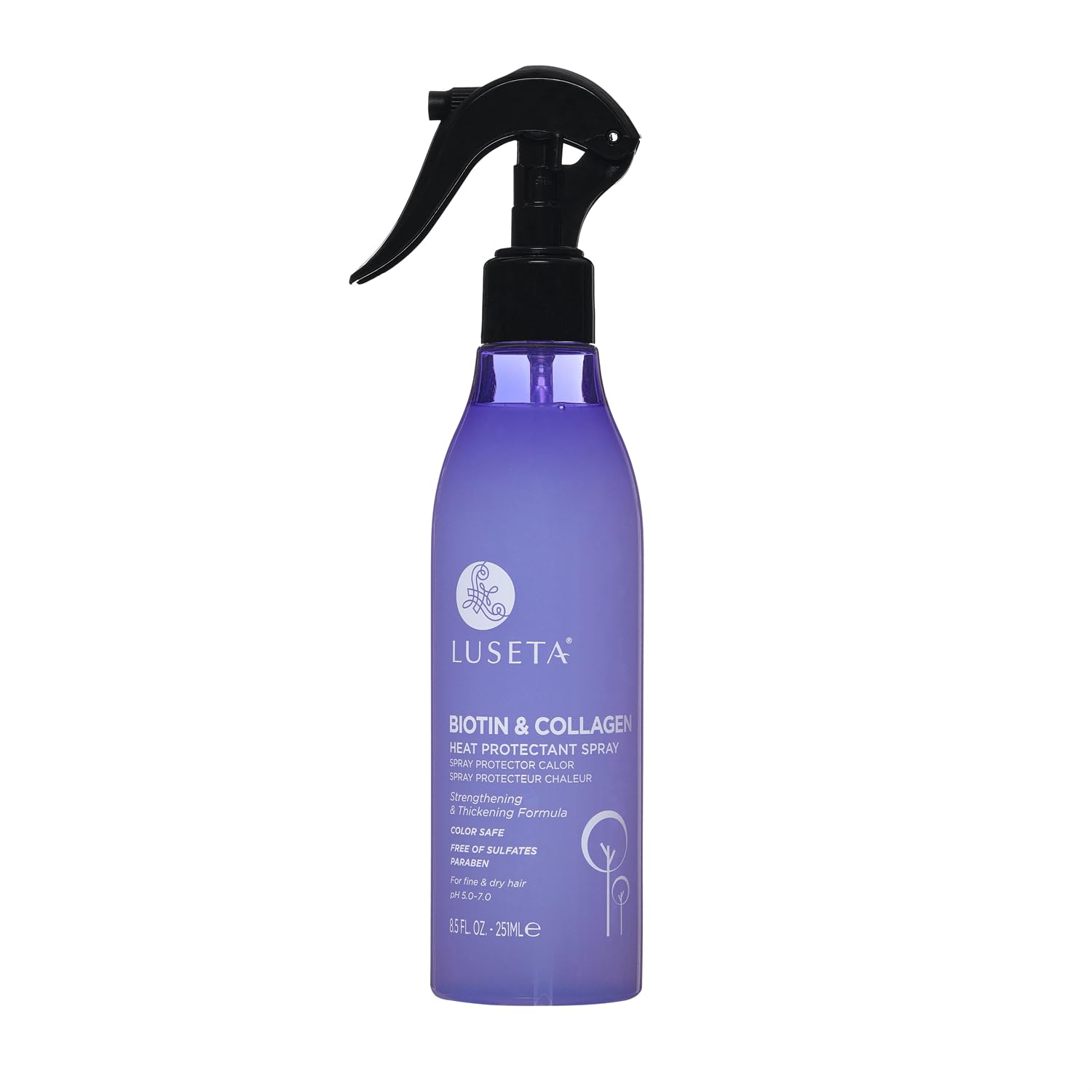 Luseta Biotin & Collagen Heat Protection Spray bottle protecting hair during styling.