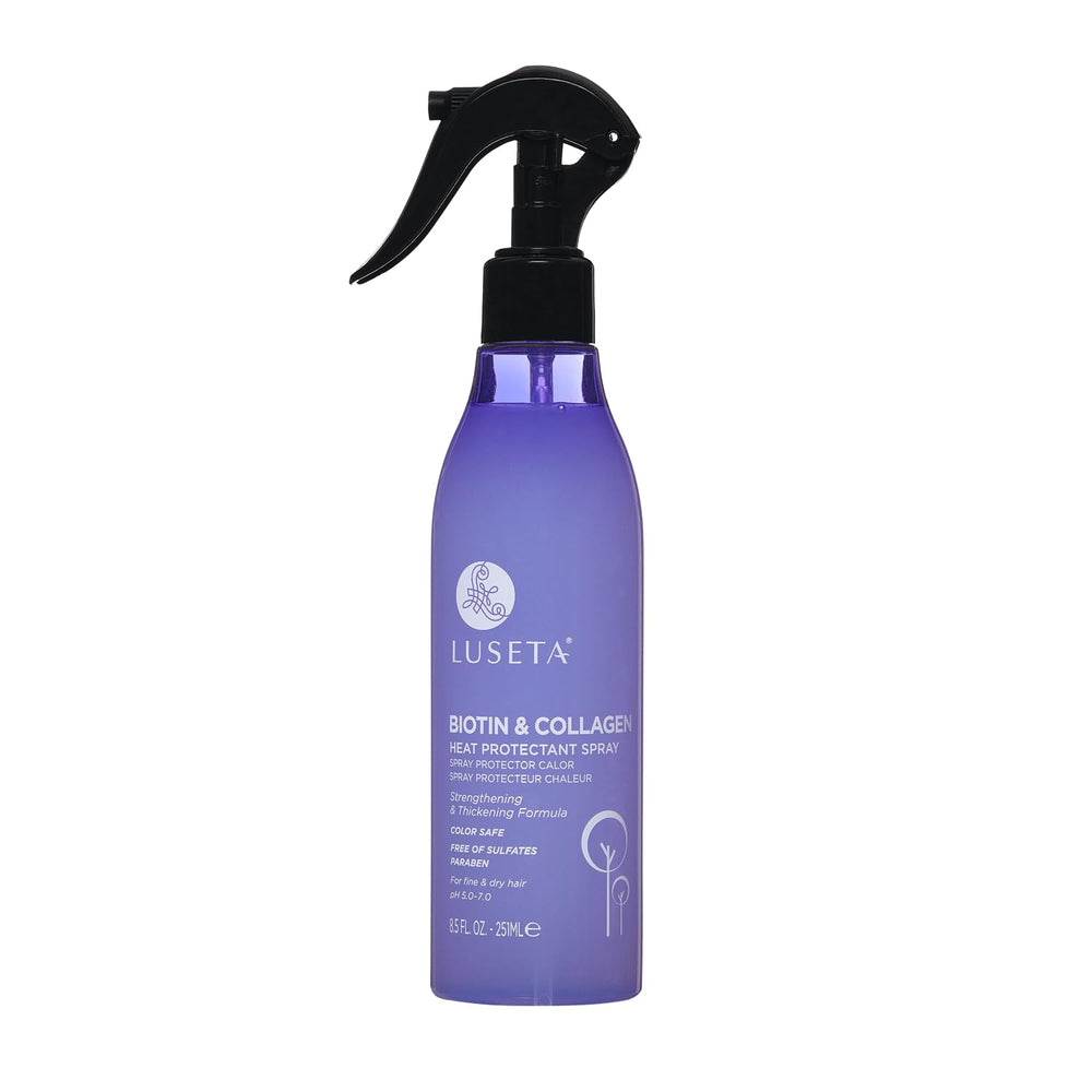 Luseta Biotin & Collagen Heat Protection Spray bottle protecting hair during styling.