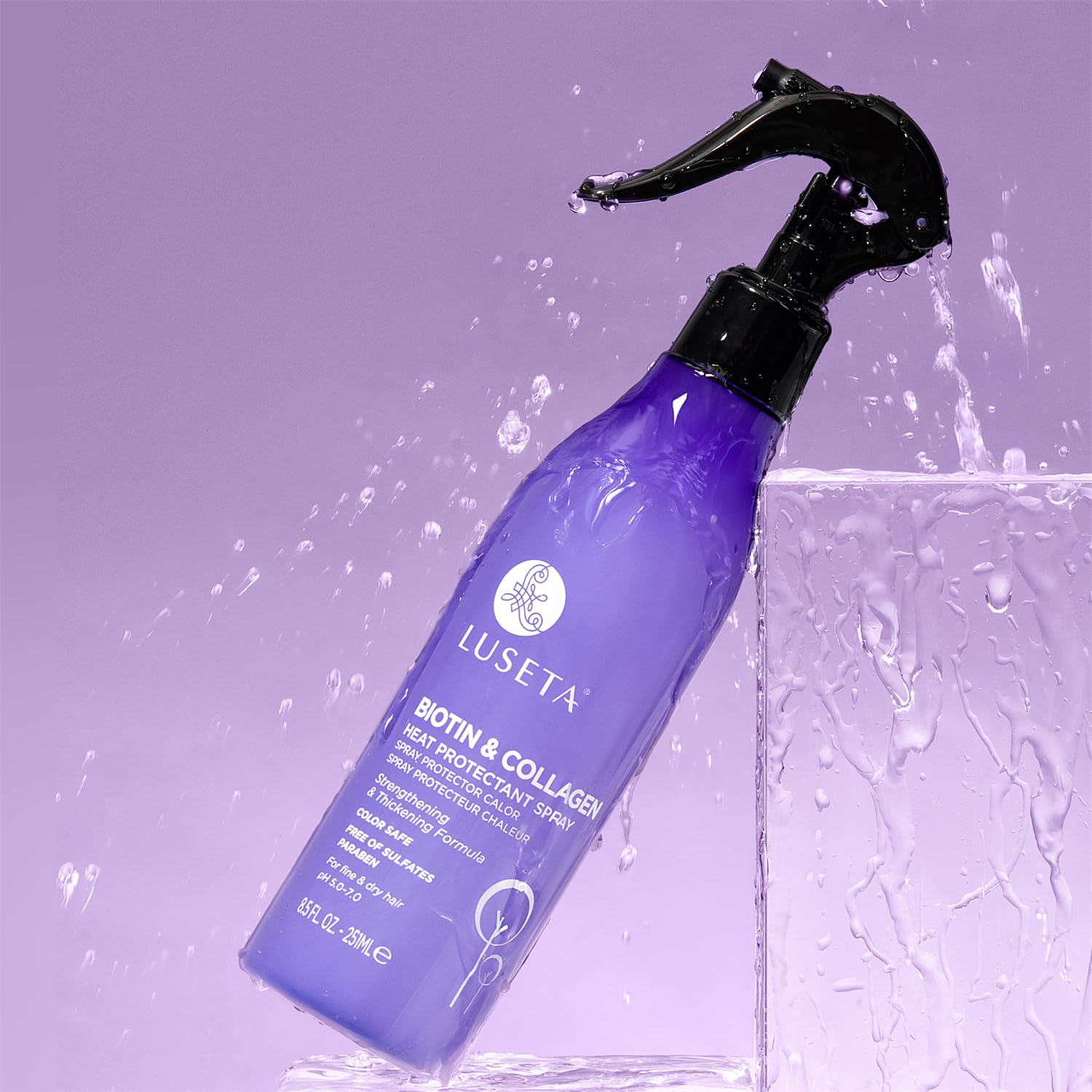 Luseta Biotin & Collagen spray shown with Luseta shampoo and conditioner set.