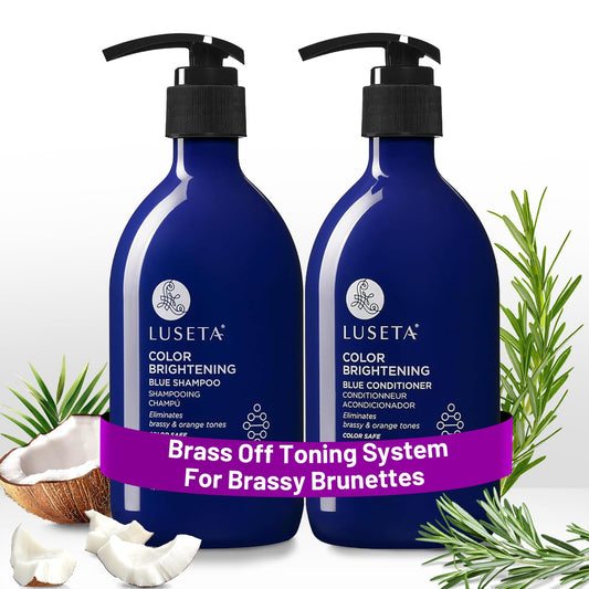 Luseta Blue Shampoo bottle highlighting color brightening for cool tones.