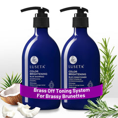 Luseta Blue Shampoo bottle highlighting color brightening for cool tones.