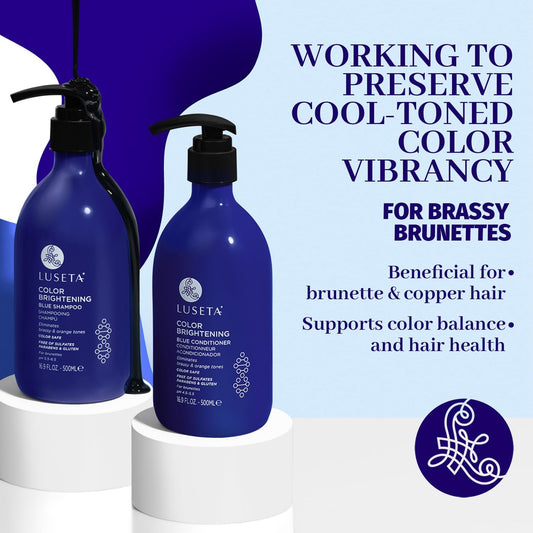 Luseta Blue Shampoo label close-up highlights color-safe formula for treated hair.