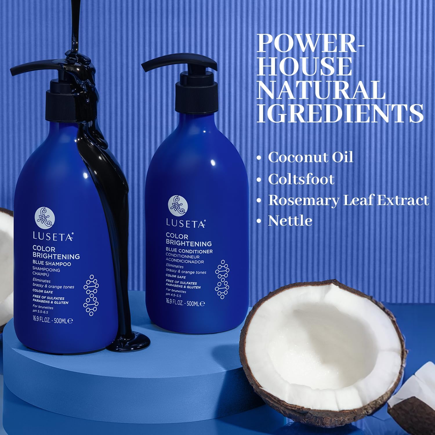 Luseta Blue Shampoo texture and lather demonstrating gentle cleansing for color-treated locks.