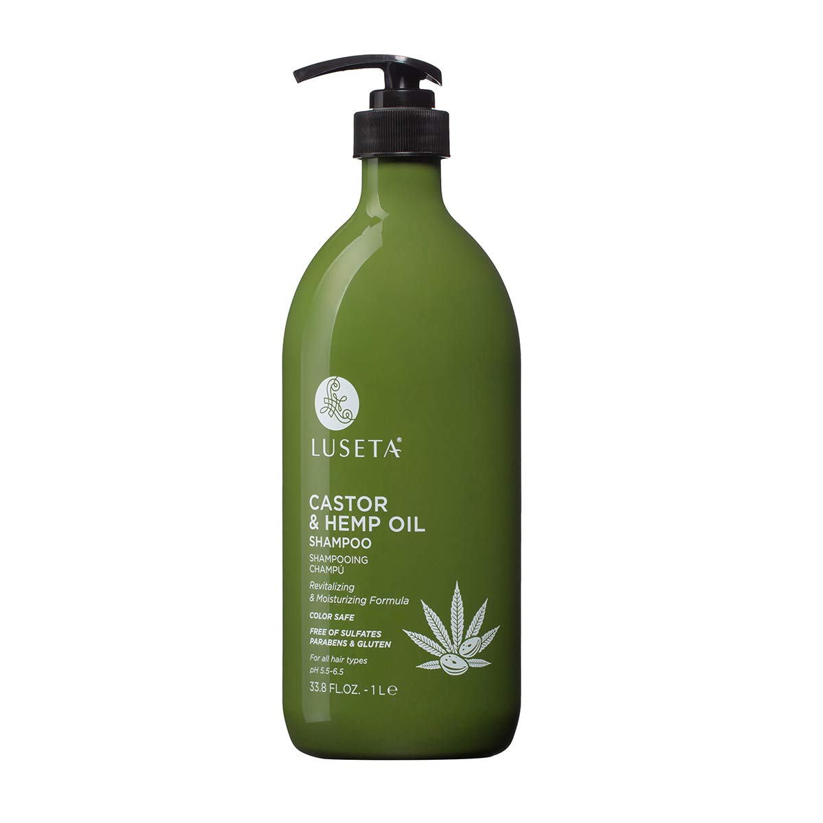 L Luseta Castor & Hemp Oil Shampoo bottle front shows nourishing formula for healthier hair