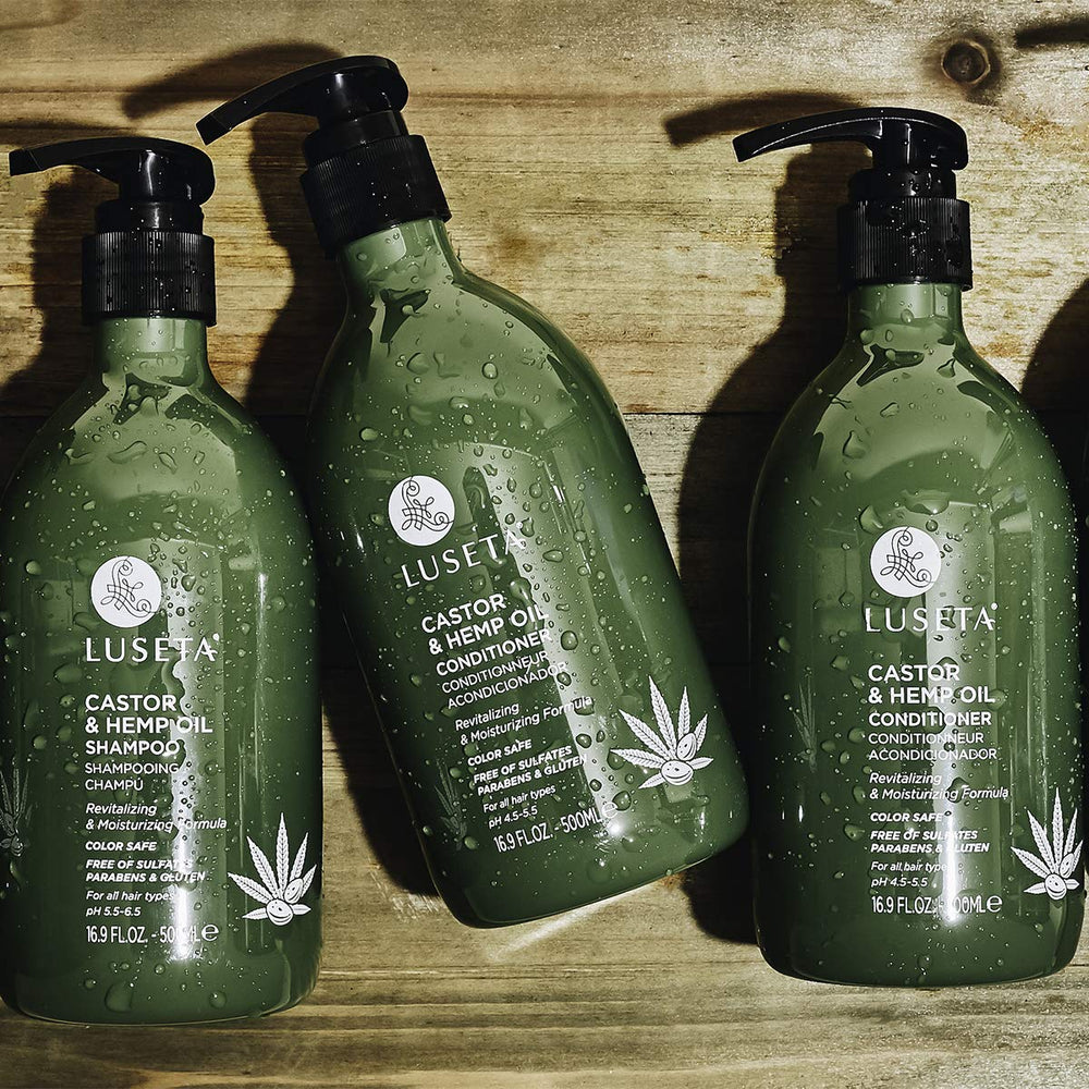 L Luseta Castor & Hemp Oil Shampoo bottle on sink for routine begins