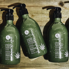 L Luseta Castor & Hemp Oil Shampoo bottle on sink for routine begins