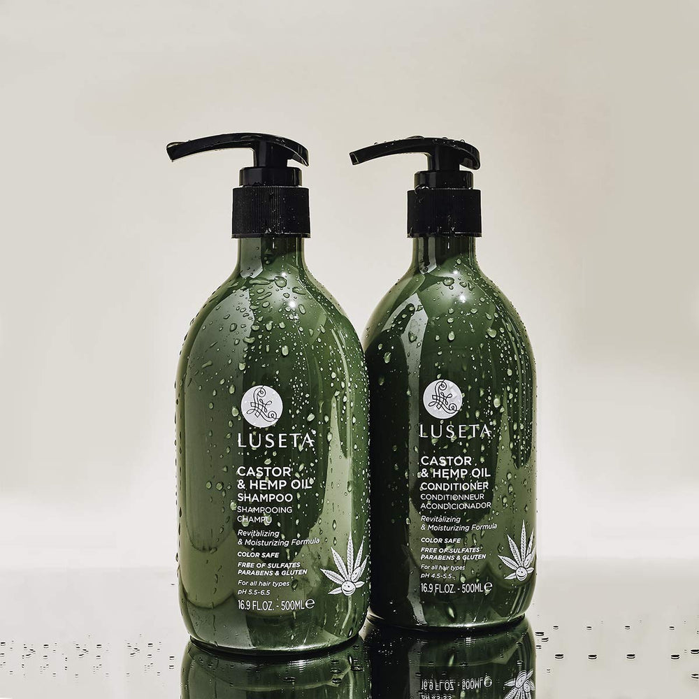 L Luseta Castor & Hemp Oil Shampoo in use during a hair care routine