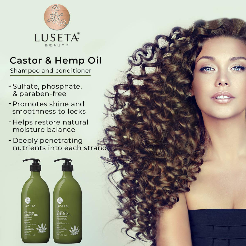 L Luseta Castor & Hemp Oil Shampoo label detail highlights premium ingredients