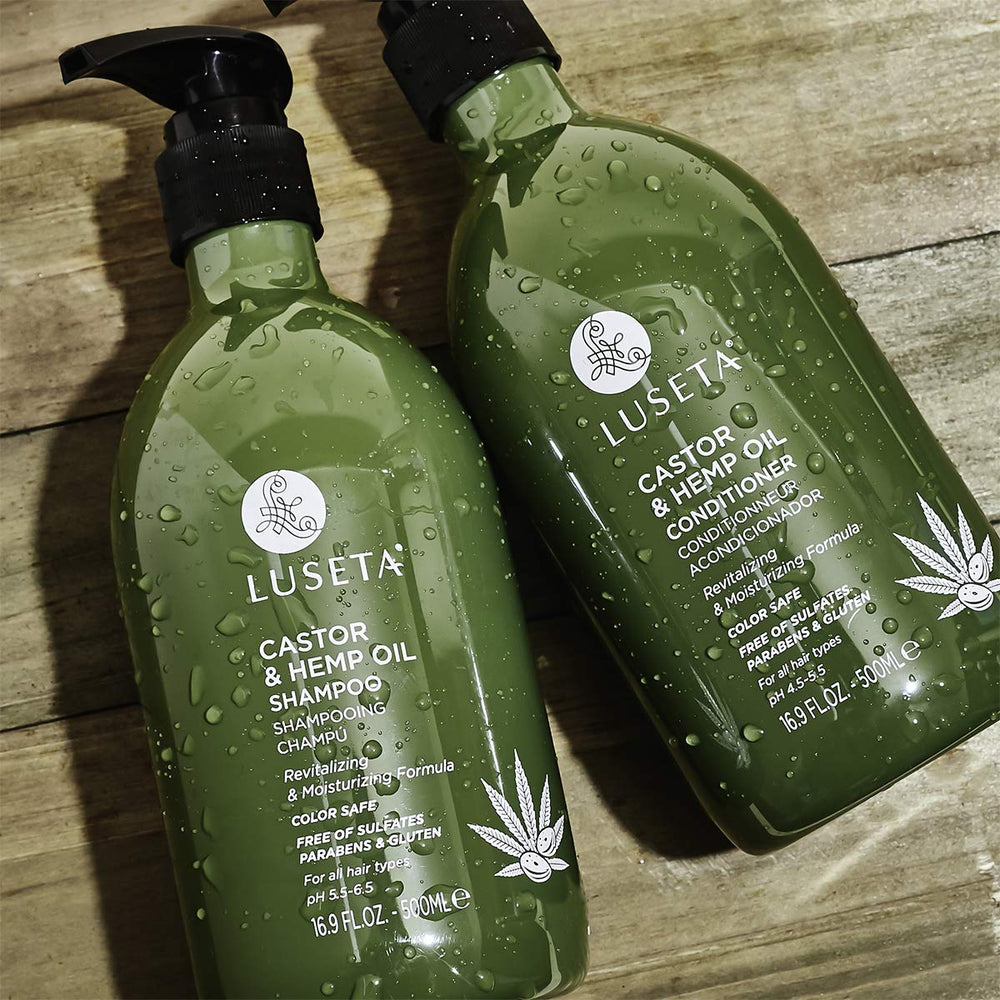 L Luseta Castor & Hemp Oil Shampoo packaging on shelf communicates premium quality
