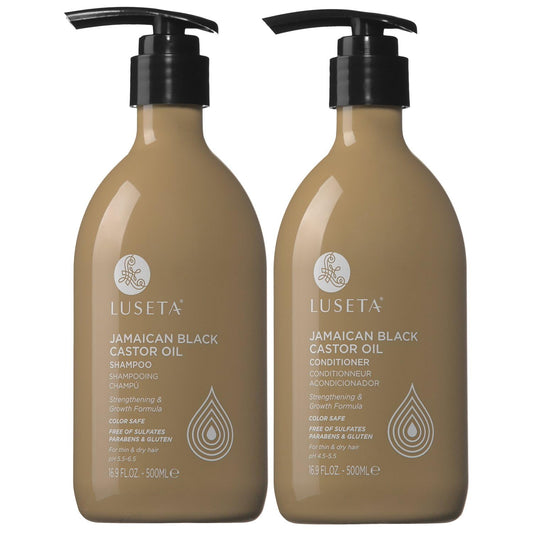 Luseta Castor Oil Shampoo bottle front, strengthens dry hair and adds fullness.