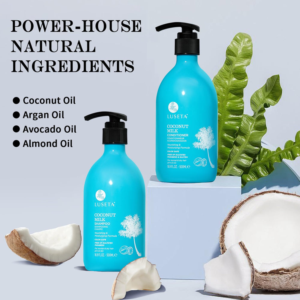 LLUSETA Coconut Milk Conditioner bottle emphasizes frizz control and softness