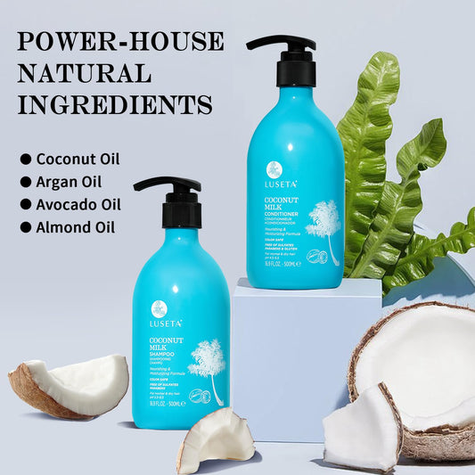 LLUSETA Coconut Milk Conditioner bottle emphasizes frizz control and softness