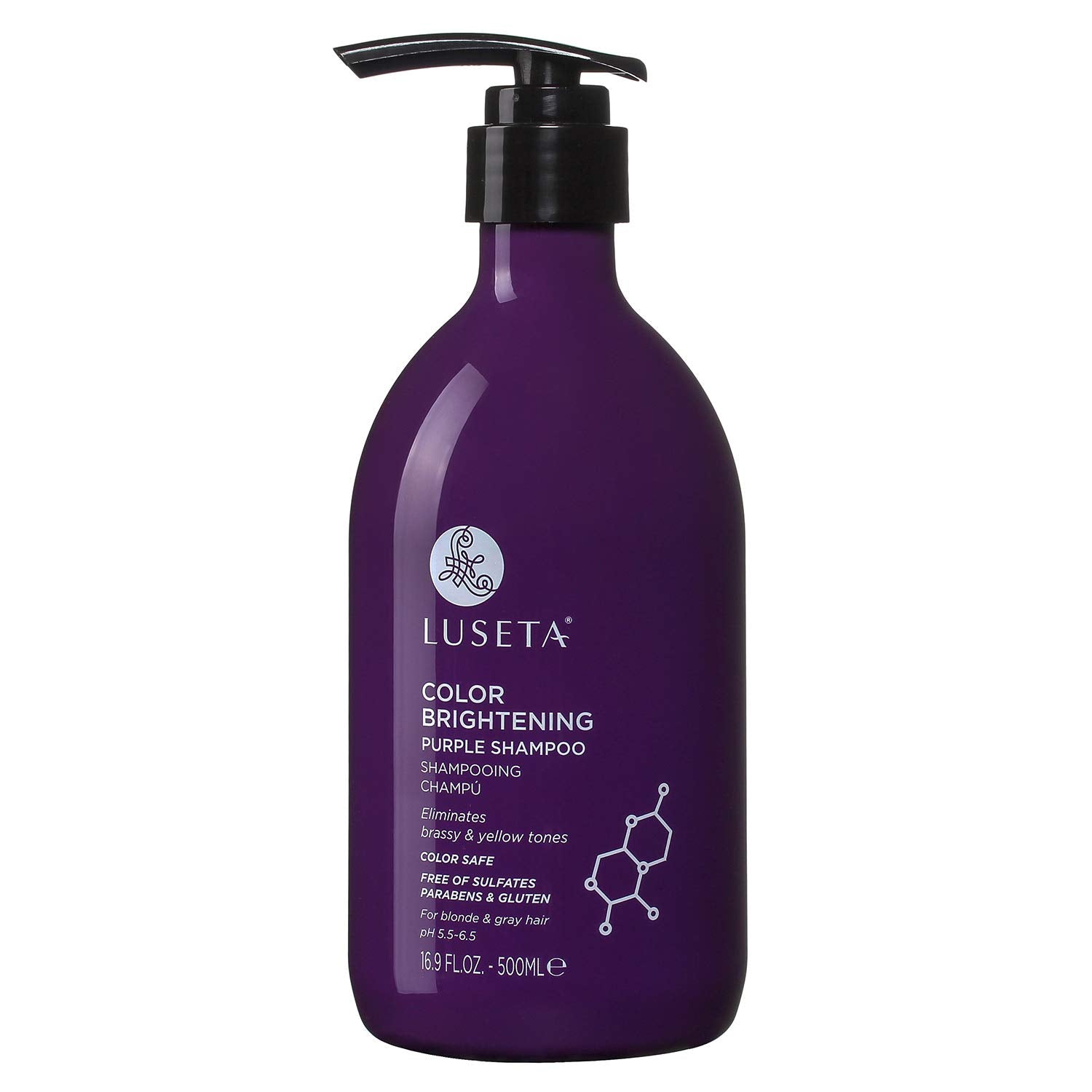 Luseta Color Brightening Purple Shampoo bottle nourishes blonde and gray hair, reducing brass.
