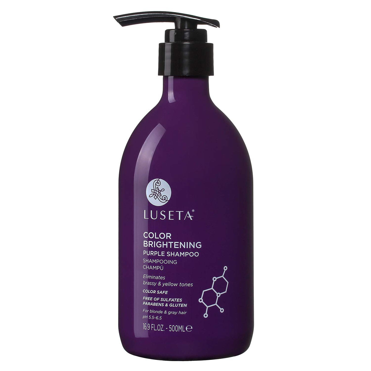 Luseta Color Brightening Purple Shampoo bottle nourishes blonde and gray hair, reducing brass.