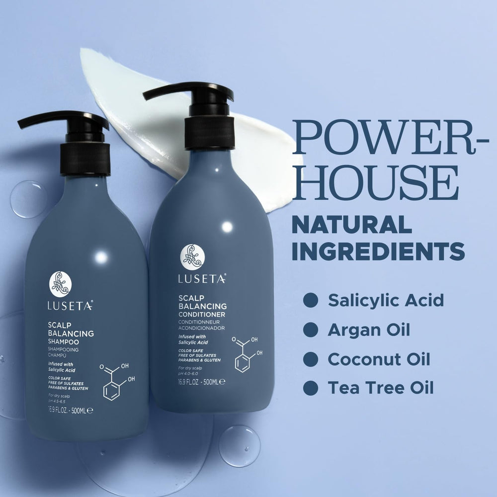 Luseta conditioner application hands demonstrates scalp-balancing benefits during wash.