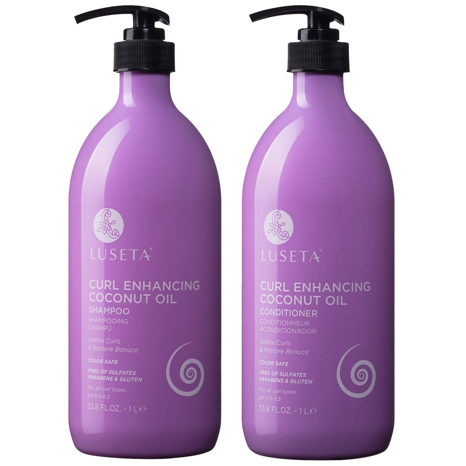 Luseta Curly Shampoo bottle with coconut oil for moisture and bounce.