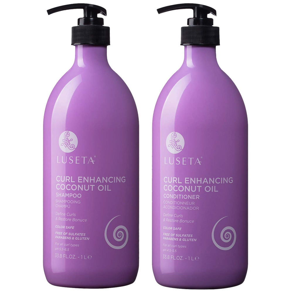 Luseta Curly Shampoo bottle with coconut oil for moisture and bounce.
